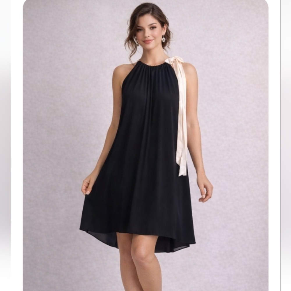ALICE + OLIVIA Black & Cream Halter Neck Tie High-Low Dress M